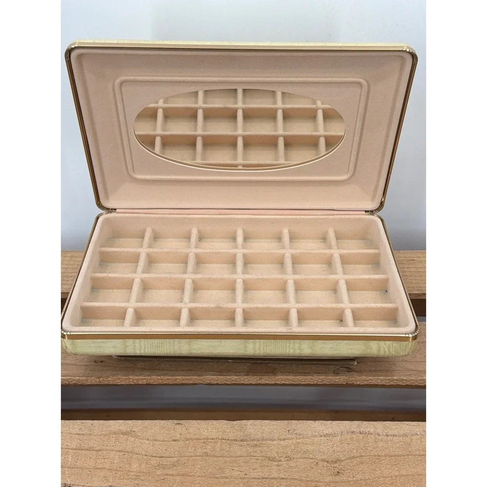 Vtg MCM Fabric Jewelry Box Gold Tone Trim 24 Compartments Oval Mirror Clamshell